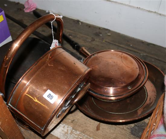 Copper warming pan, frying pan and scuttle